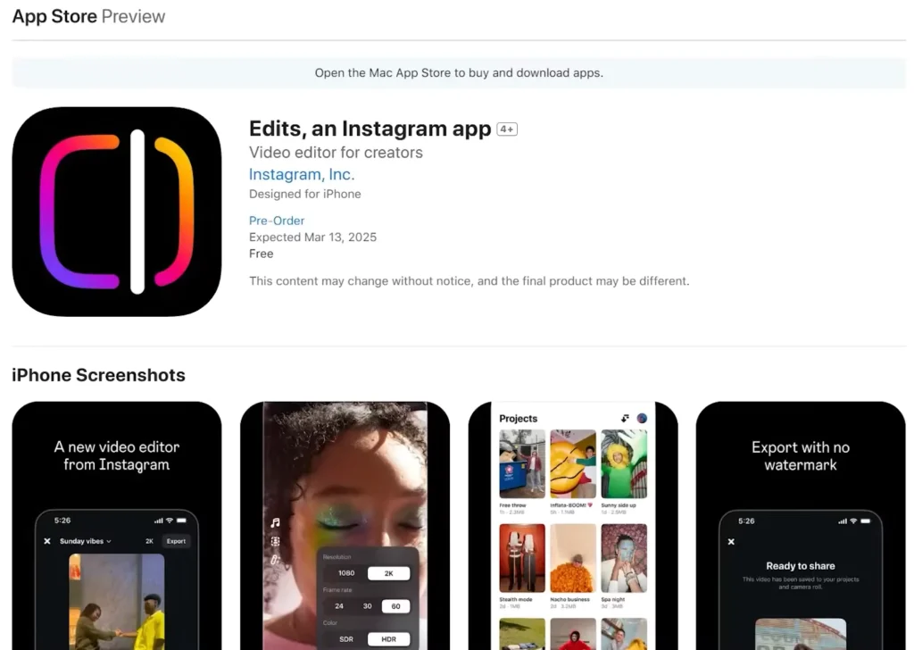 Instagram Edits App store